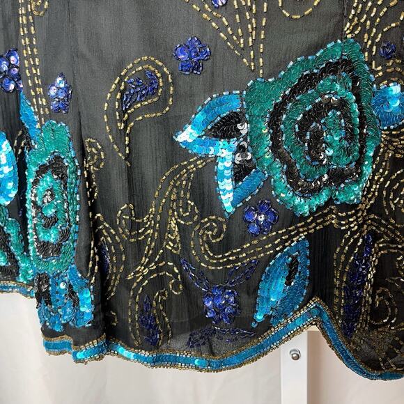 Fantasy by Lisa Kane Vintage XL Silk Beaded Top Black Blue Sequin Floral Beaded - Picture 15 of 16